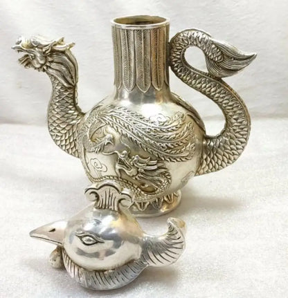 China White copper dragon phoenix teapot crafts statue