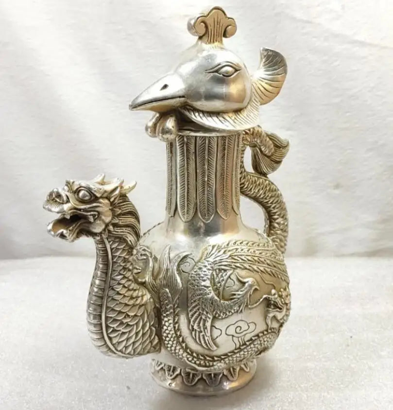 China White copper dragon phoenix teapot crafts statue