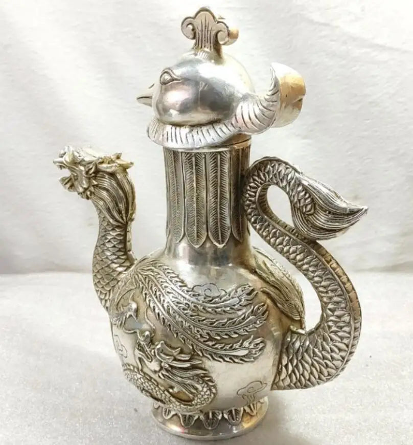 China White copper dragon phoenix teapot crafts statue
