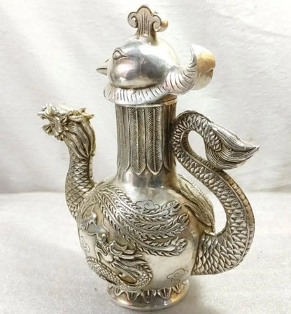 China White copper dragon phoenix teapot crafts statue