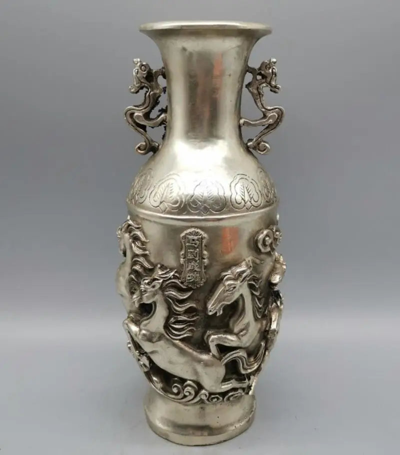 China White copper eight horse flowers bottle crafts statue