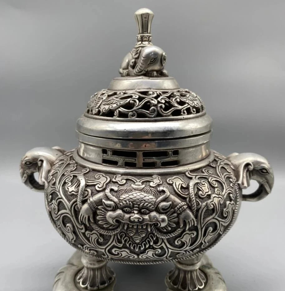 China White copper elephant Incense burner crafts statue