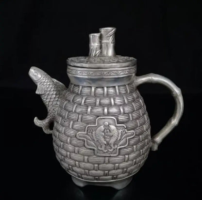 China White copper  fish basket shape teapot crafts statue
