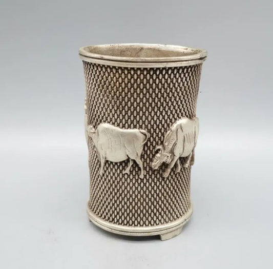 China White copper five cow Pen holder crafts statue