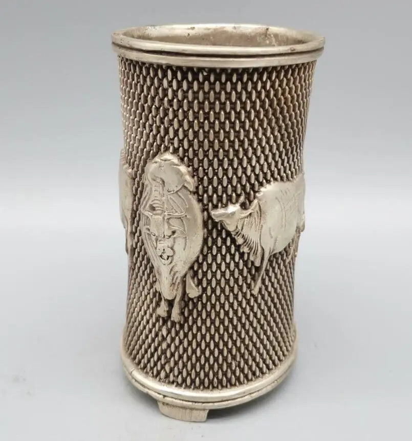 China White copper five cow Pen holder crafts statue