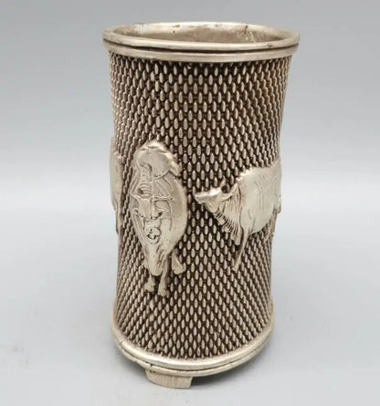 China White copper five cow Pen holder crafts statue