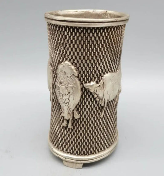 China White copper five cow Pen holder crafts statue
