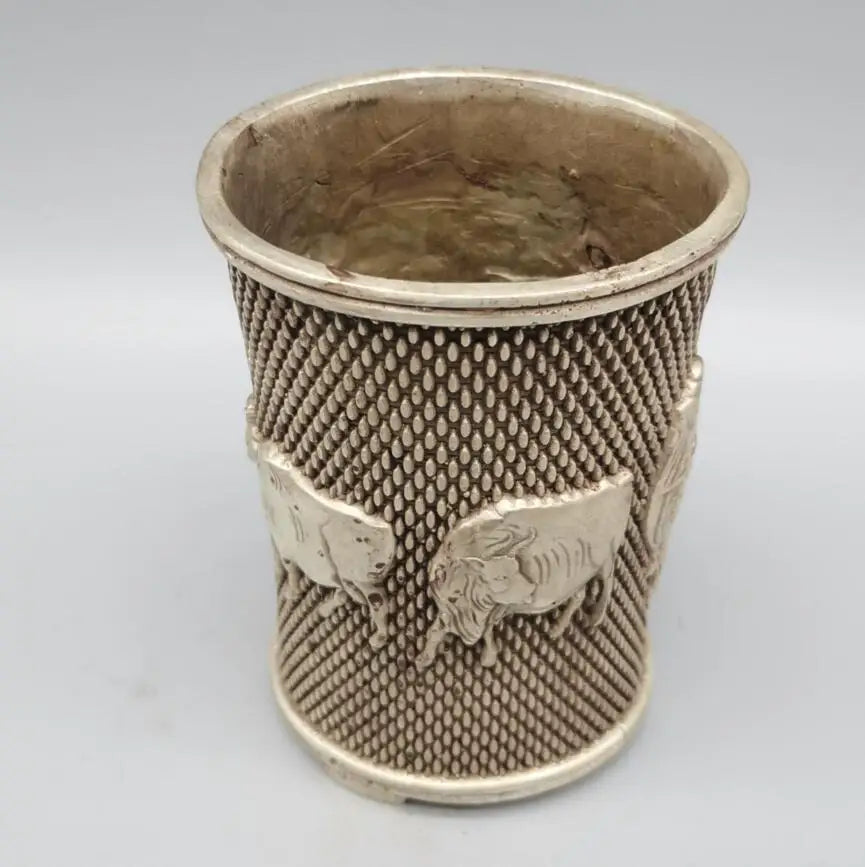China White copper five cow Pen holder crafts statue