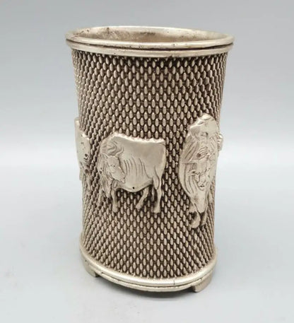 China White copper five cow Pen holder crafts statue