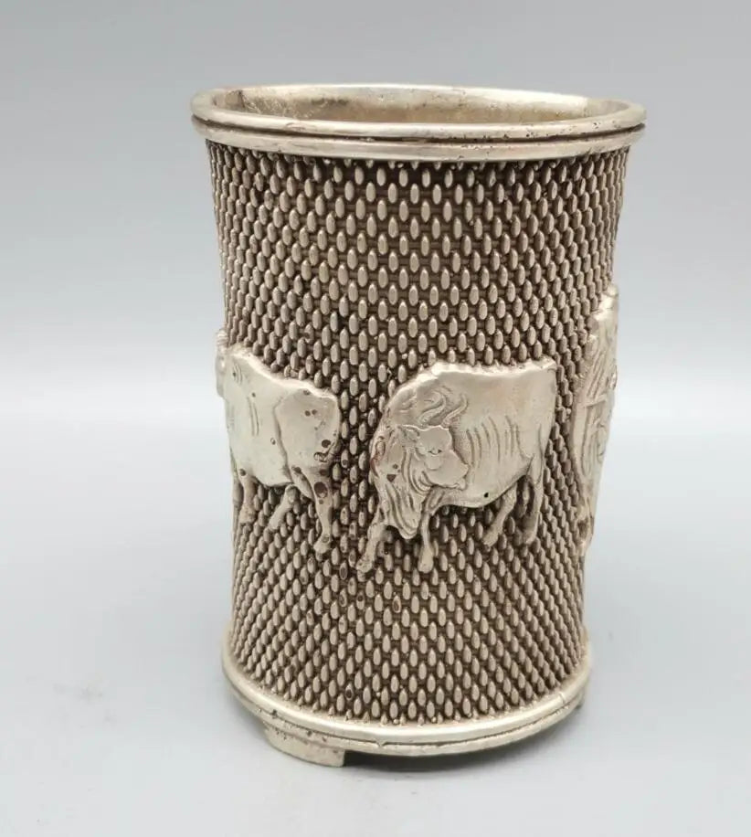 China White copper five cow Pen holder crafts statue