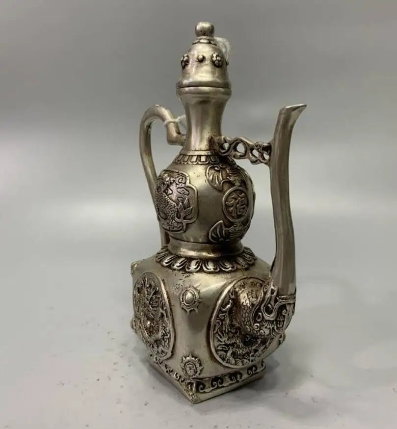 China White copper gourd shape dragon teapot crafts statue