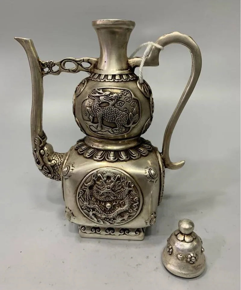 China White copper gourd shape dragon teapot crafts statue