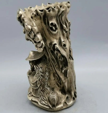 China White copper jiang ziya fishing Pen holder crafts statue