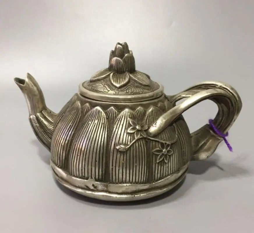 China White copper lotus petals shape teapot crafts statue