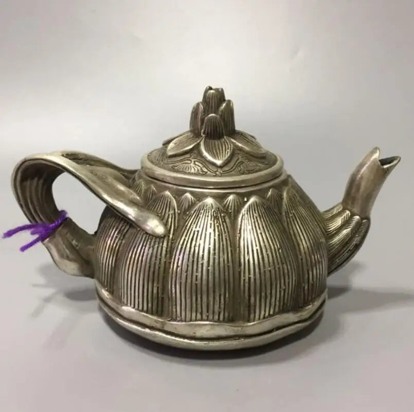 China White copper lotus petals shape teapot crafts statue