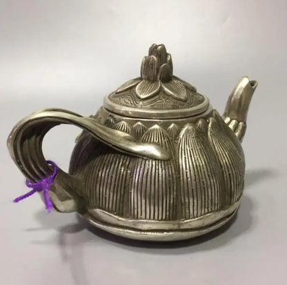 China White copper lotus petals shape teapot crafts statue