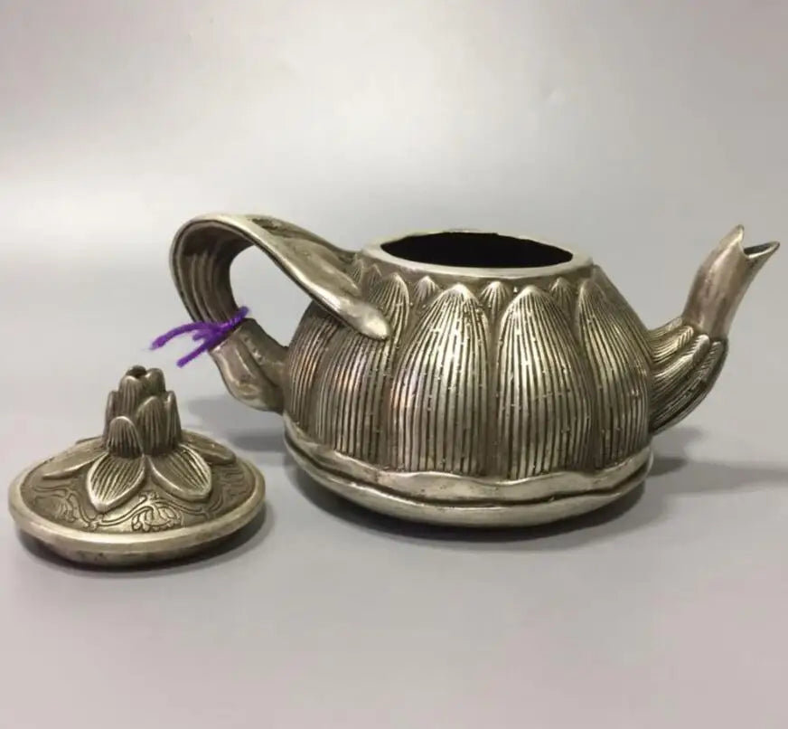 China White copper lotus petals shape teapot crafts statue