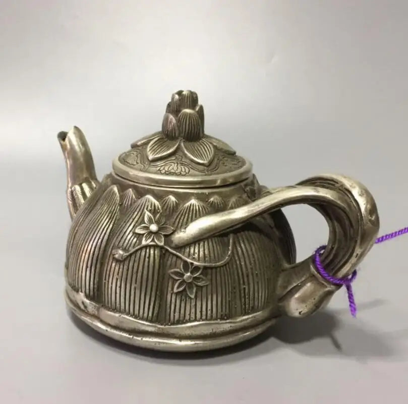 China White copper lotus petals shape teapot crafts statue