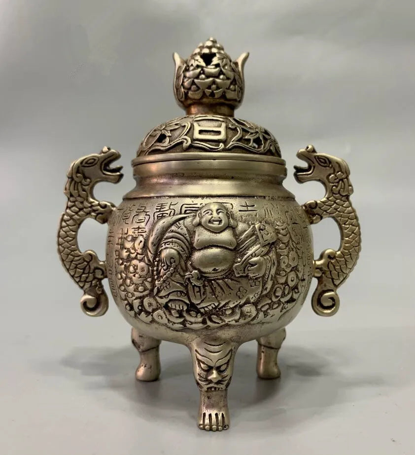 China White copper maitreya Buddha Incense burner crafts statue