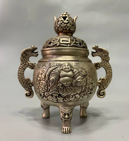 China White copper maitreya Buddha Incense burner crafts statue
