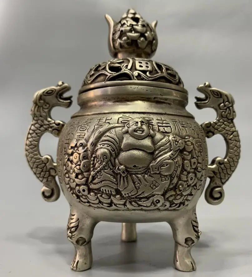 China White copper maitreya Buddha Incense burner crafts statue