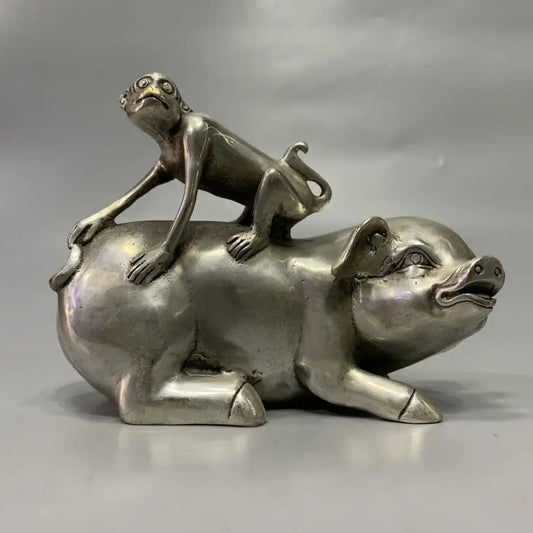 China White copper monkey Riding pig crafts statue