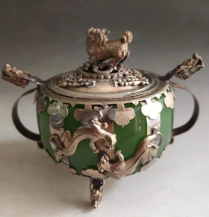 China White copper mosaic Green jade Incense burner crafts statue