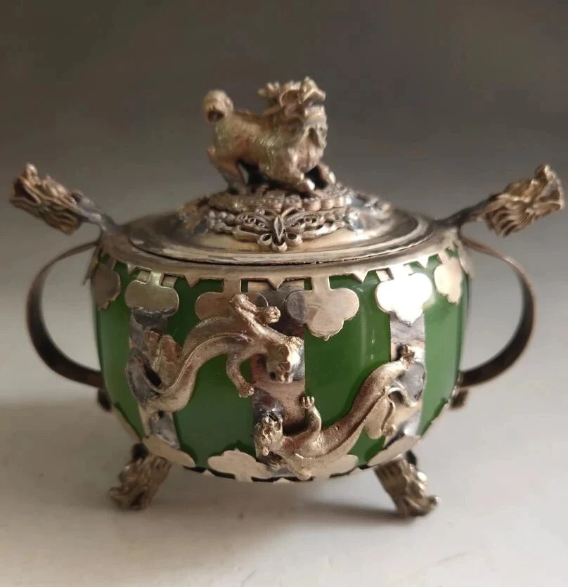 China White copper mosaic Green jade Incense burner crafts statue