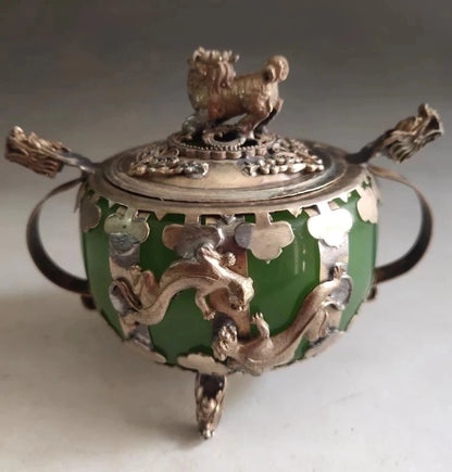 China White copper mosaic Green jade Incense burner crafts statue