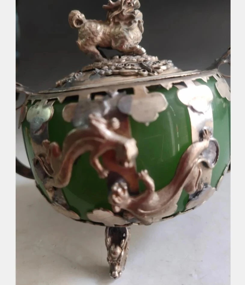 China White copper mosaic Green jade Incense burner crafts statue