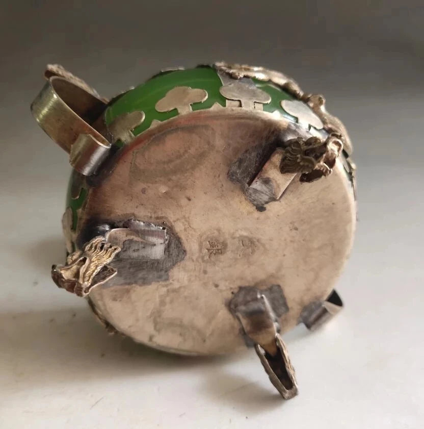 China White copper mosaic Green jade Incense burner crafts statue