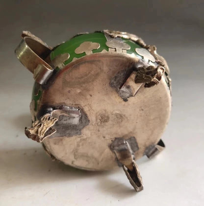 China White copper mosaic Green jade Incense burner crafts statue