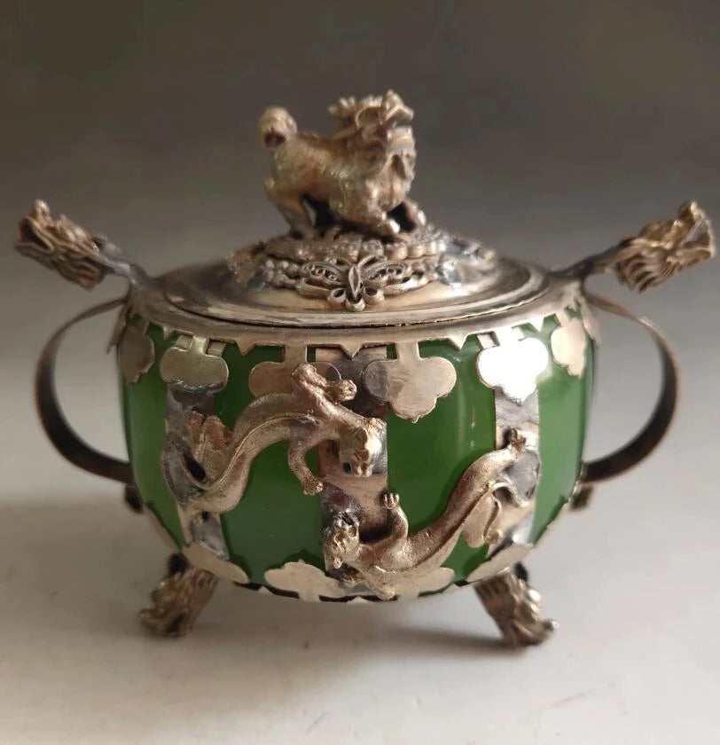 China White copper mosaic Green jade Incense burner crafts statue