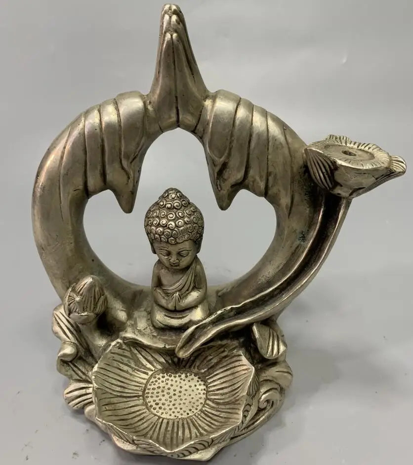 China White copper small Tathagata Buddha Backflow Incense burner crafts statue