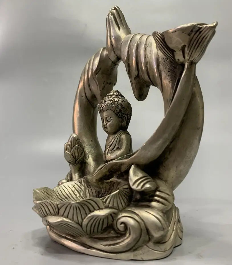 China White copper small Tathagata Buddha Backflow Incense burner crafts statue