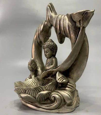 China White copper small Tathagata Buddha Backflow Incense burner crafts statue