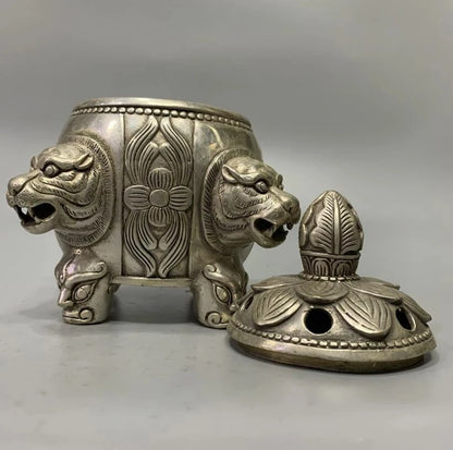 China White copper tiger head Incense burner crafts statue