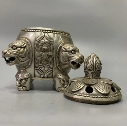 China White copper tiger head Incense burner crafts statue
