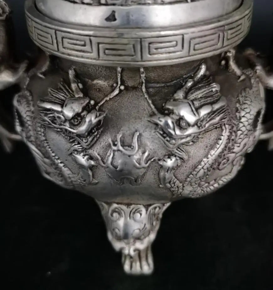 China White copper two dragon play bead Incense burner crafts statue
