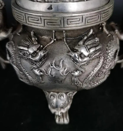 China White copper two dragon play bead Incense burner crafts statue