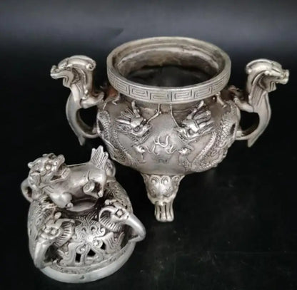 China White copper two dragon play bead Incense burner crafts statue