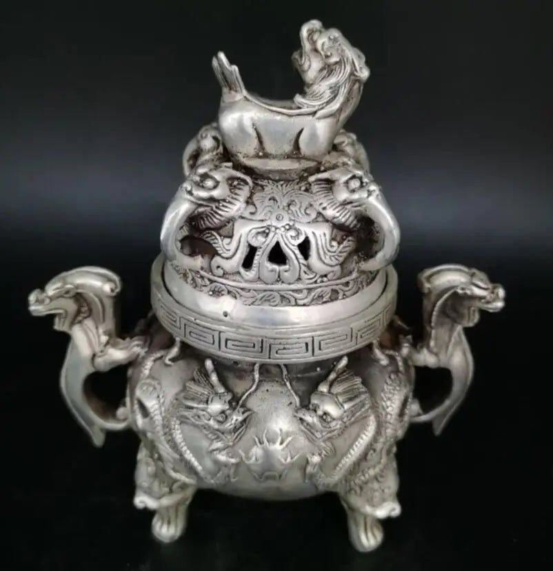 China White copper two dragon play bead Incense burner crafts statue
