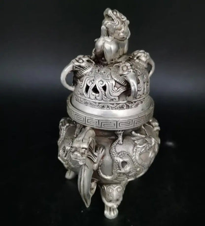 China White copper two dragon play bead Incense burner crafts statue