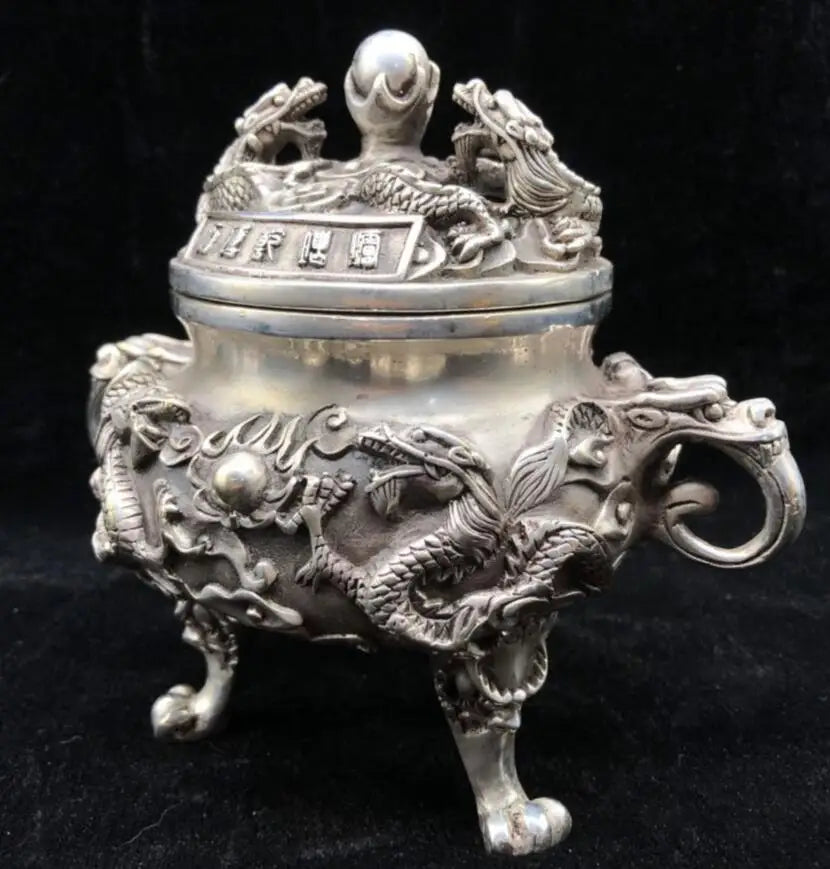 China White copper two dragon play bead Incense burner crafts statue