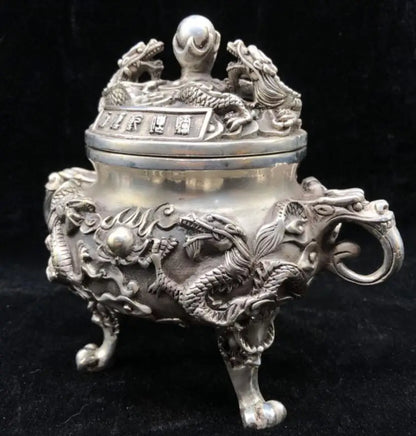 China White copper two dragon play bead Incense burner crafts statue