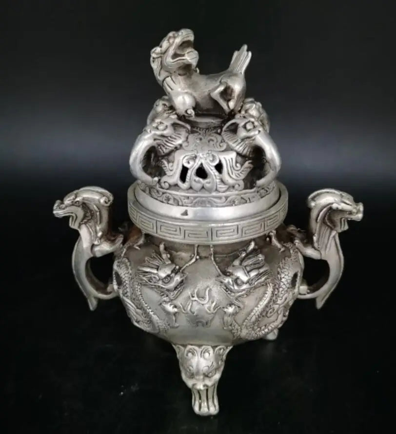 China White copper two dragon play bead Incense burner crafts statue