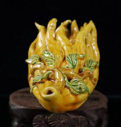 China Yellow glaze ceramic Buddha hand pen wash crafts statue