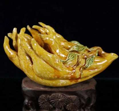 China Yellow glaze ceramic Buddha hand pen wash crafts statue