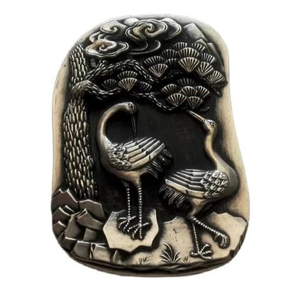China antique silver handmade fine Miao stationery cover inkstone inkstone wheel crane