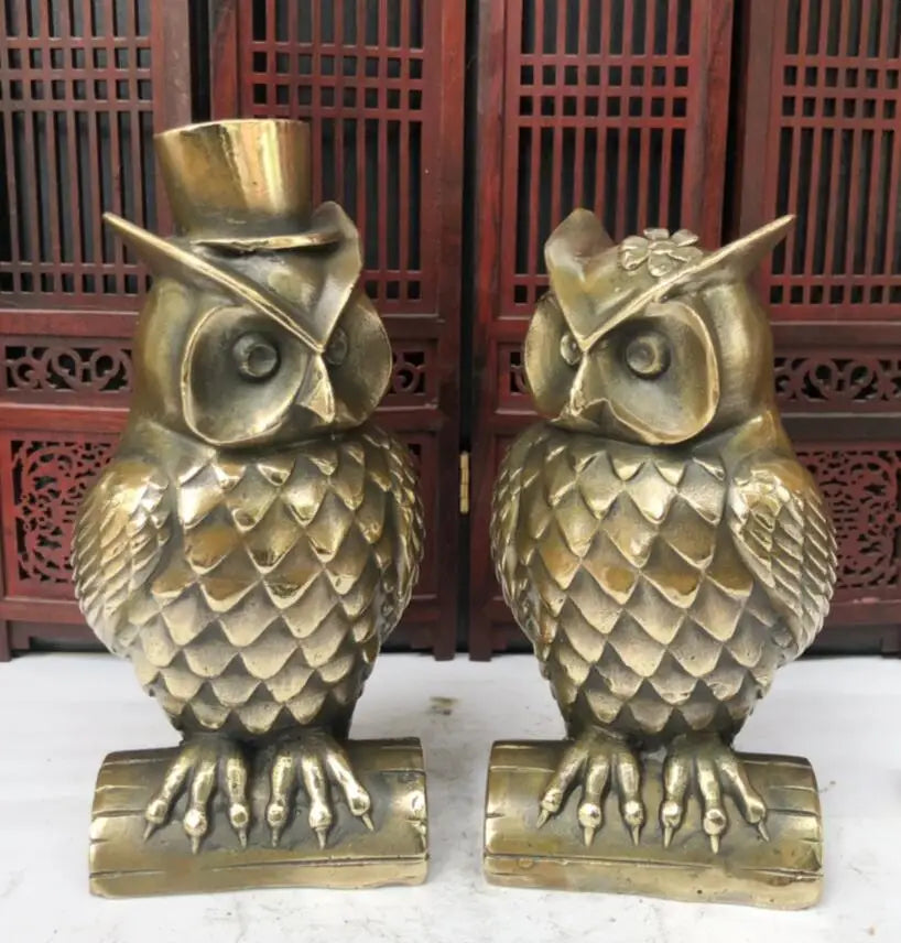 China archaize Brass owl crafts statue A pair